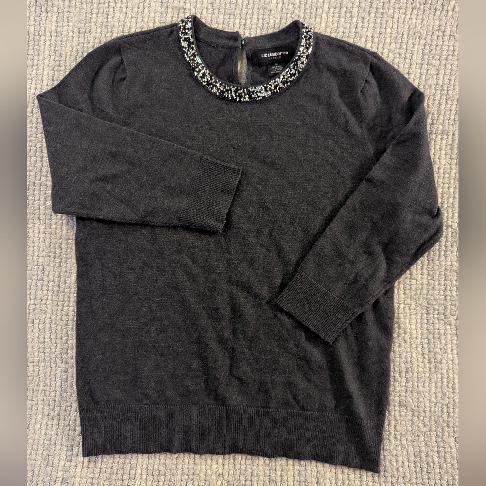 Liz Claiborne Gray Sweater with Embellished Neckline & 3/4 Sleeves